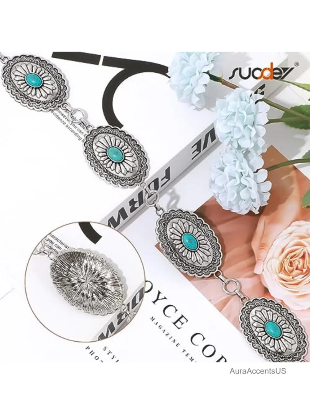 Metal Waist Chain Belt Concho Western Cowgirl Boho Turquoise Belt for Jeans